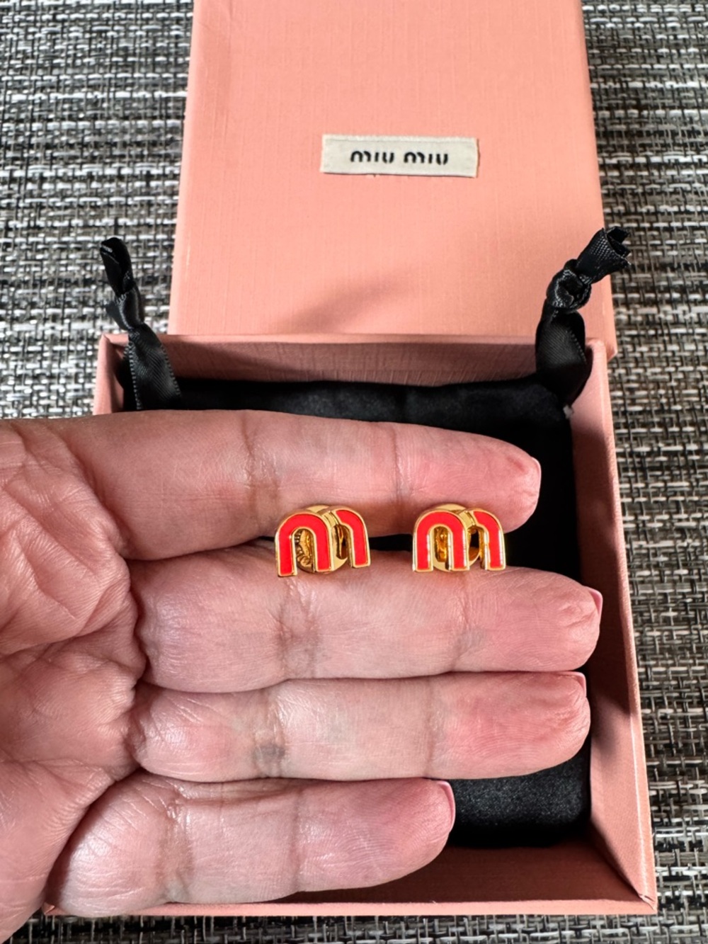 Miu Miu Gold-Tone Logo M Stud Enamel Earrings in Red - Picture 4 of 5